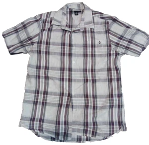 Volcom Camp Shirt Mens Medium Beige Brown Plaid Short Sleeve Button Up Blend - Picture 1 of 7