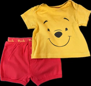 Disney's Vintage Winnie the Pooh Gold Smile Face Shirt and Red Shorts- 6 mon - Picture 1 of 1