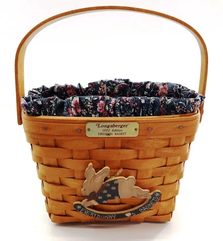 LONGABERGER 1992 Dresden Basket Floral Liner, Protector and Signed Bunny Tie On Cover