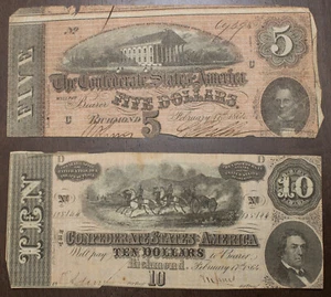 2 1864 Confederate Notes $5 & $10 Dollar ..Lot 1848 - Picture 1 of 3