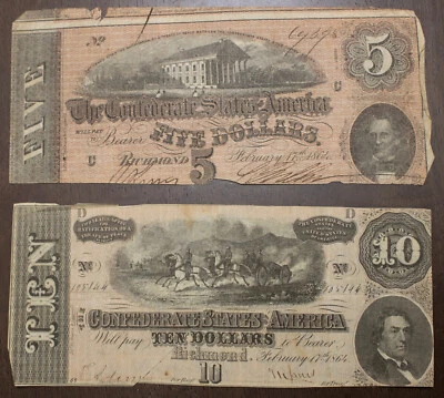 2 1864  Confederate Notes $5 & $10 Dollar ..Lot 1848 - Image 1 of 3