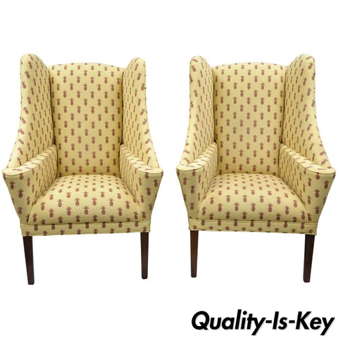 Pair of Oversized Custom Wingback Chairs with Pineapple Printed Yellow Fabric Cover