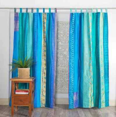 2 Piezas Cortina Sari India Retazos Cortina Decoración Ventana Aqua Seda Sari Cortina Foto 1 de 4