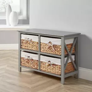 Grey Wooden Storage Unit 4 Drawer Chest Water Hyacinth Basket Fully Assembled - Picture 1 of 6