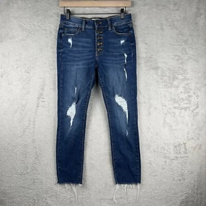 SO Mid-Rise Crop Jeans Women's Size 7 Dark Blue Distressed Exposed Button Fly - Picture 1 of 8