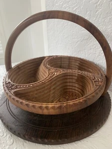 Collapsible Wood Three Compartment Carved Hand Design Serving Bowl with Handle - Picture 1 of 12