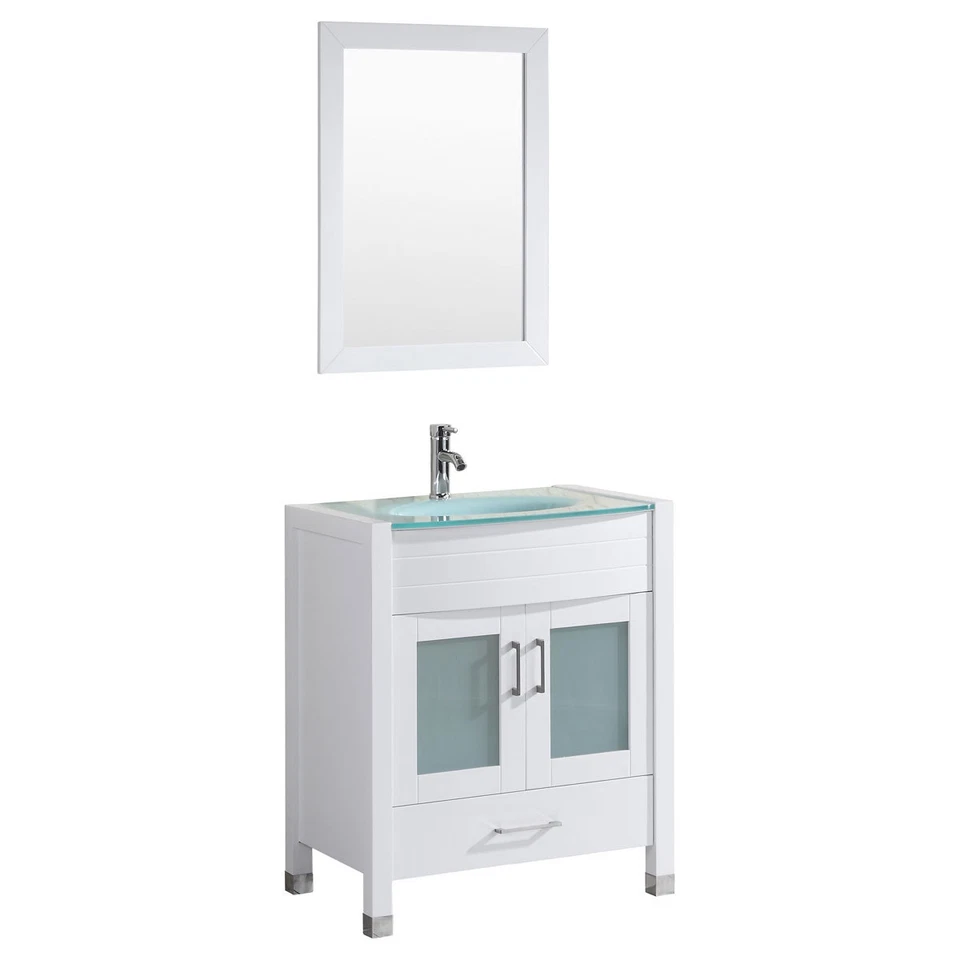 Mueble tocador de baño de 30" con tapa de cristal y espejo blanco de LessCare Foto 1 de 3