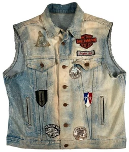 Vintage 1980s Denim Motorcycle Vest Harley Davidson Patches Military Patches Lrg - Picture 1 of 19