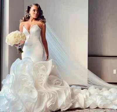 Sexy Mermaid Wedding Dresses Strapless Ruffle Train Satin Organza Bridal Gowns - Image 1 of 4