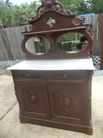 ANTIQUE VICTORIAN RENAISSANCE CARVED MAHOGANY MARBLE TOP SIDEBOARD w/ MIRROR Cover