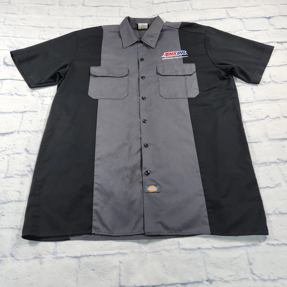 Amsoil Dickies MENS SIZE L Mechanic Heavy Duty Button Up Shirt Black Gray - Image 1 of 4