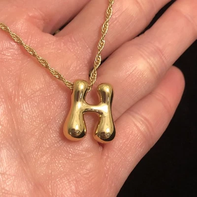 Gold Tone Bubble Letter H Initial Necklace - Pendant Is 18K Gold Plated - Image 1 of 4