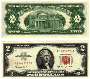 1963 A USA 2 Dollar Banknote UNITED STATES AMERICA Red Seal P382a G -- Fowler - Picture 1 of 1