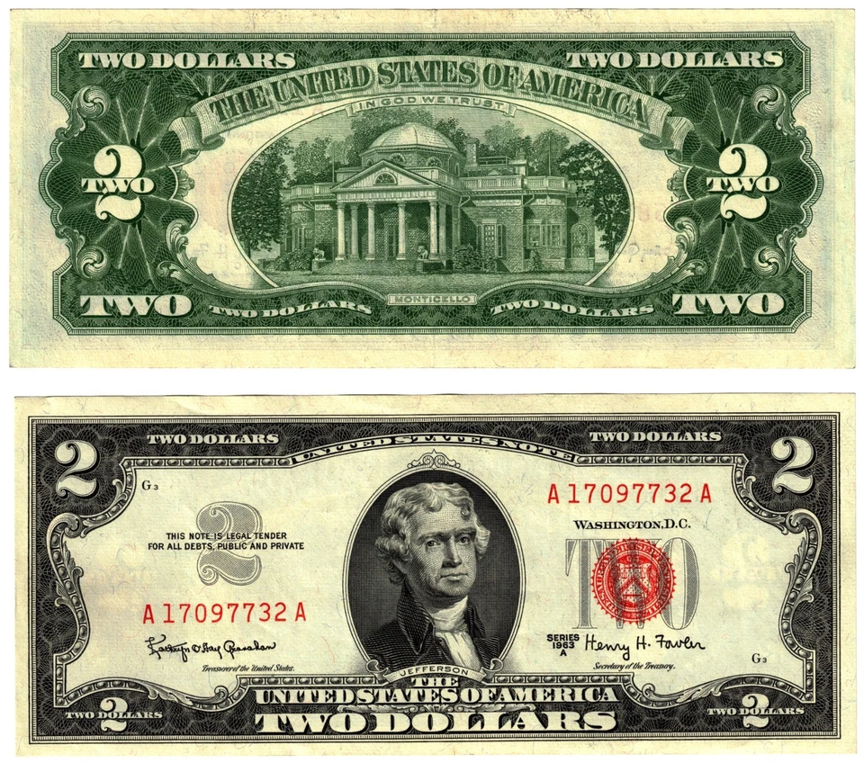 1963 A USA 2 Dollar Banknote UNITED STATES AMERICA Red Seal P382a G -- Fowler - Image 1 of 1