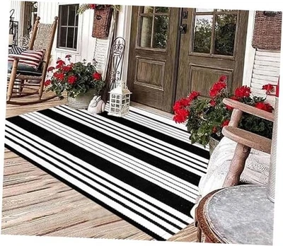  Alfombra de exterior blanca y negra 3'x 5' tejida a mano algodón alfombra lavable a rayas  Foto 1 de 4