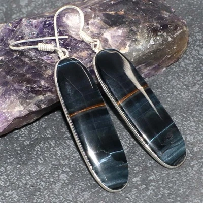 Stunning Black Tiger Eye 925 Silver Plated Gemstone Earrings 2.3" GW - Image 1 of 3