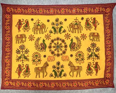 Indian Rabari Embroidery Tapestry Wall Hanging Folk Art Boho Horse Elephant Bird - Image 1 of 4