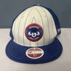 Chicago Cubs Hat Cap Mens Fitted 7 3/4 White Blue Pin Stripes New Era Stadium - Picture 1 of 7