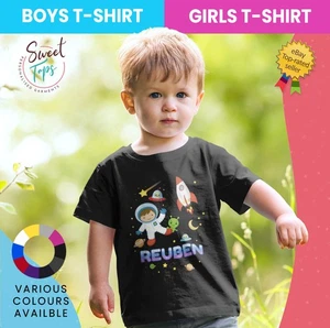 Personalised Kids Space Astronaut & Rocket Theme Short Sleeve T Shirt - Gift - Picture 1 of 7