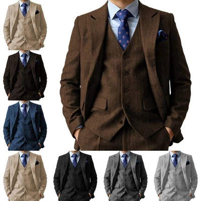 ANSHUHAI Para hombres 3 Piezas Retro Tweed Traje Espiga Traje Blazer + Chaleco + Pantalón XS-3XL Foto 1 de 4