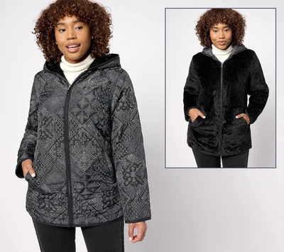 Susan Graver Reversible Quilted Woven Plush Fleece Jacket Black Size XXS A620230 - Image 1 of 2