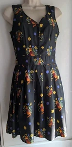 YUMI Fit & Flare Fox Floral Black Lined Button Summer Skater Dress Kawaii 10🦊🌼 - Picture 1 of 7