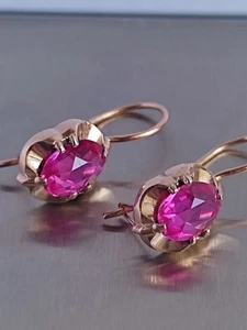 Old Vintage 70s Soviet Union Silver 875 Gold Plated Earrings USSR Red Stone Ruby - Picture 1 of 24