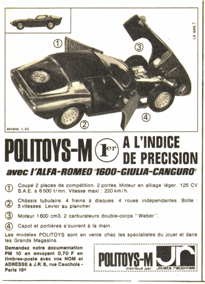 PUB VEHICULE  " POLITOYS-M    " ALFA ROMEO 1600-GUILIA-CANGURO     1967 - Photo 1/1