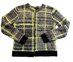 Forever 21 Women's Full Zip Knit Sweater Jacket Plaid M Neon Green Black - Picture 1 of 6
