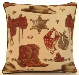 Western - Attrezzatura da cowboy, stivali, sella, stella, stampa allover, cuscino arazzo nuovo - Foto 1 di 9