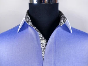 Camisa de vestir formal de negocios de sarga azul para hombre cuello blanco contraste francés 2 puño - Imagen 1 de 4