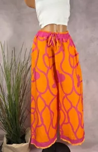 NEU rein LEINEN HOSE weites Bein Italy gemustert ORANGE PINK 38 40 42 - Bild 1 von 5
