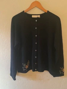 J. Jill 100% Wool Beautiful Embroidered Black Sweater Cardigan Women's LARGE - Picture 1 of 6