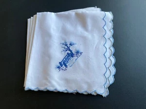 Set 6 Embroidered White Cotton Fabric Napkins Blue  Embroidery Garden Scenery - Bild 1 von 2