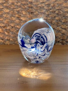 Blue/White Swirl & Bubbles Art Glass Paperweight Stamped A M - Picture 1 of 9
