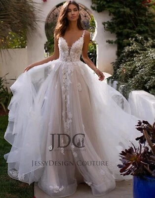 2025 Timeless Beaded Ivory Blush Lace Wedding Dress Bridal Gown 2-28W Volants - Image 1 of 4