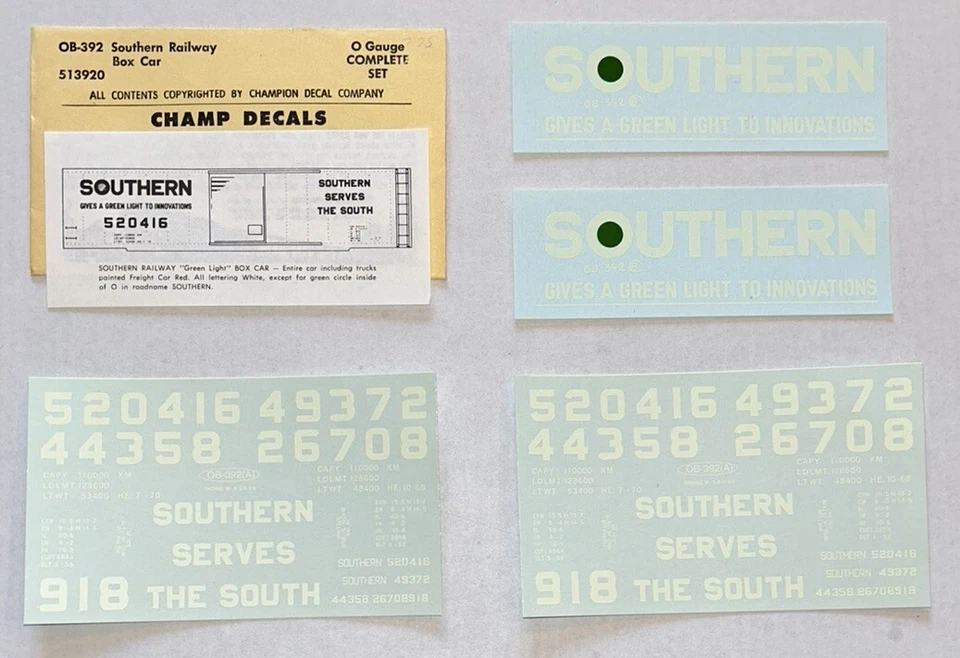 CHAMP O DECAL-SOUTHERN RY/SOU 50’ BOX CAR-“GREEN LIGHT” SCHEME - #OB-392 - Image 1 of 1