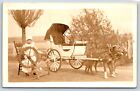 Postcard RPPC Two Dogs Drawn White Carriage Little Girls Well Dressed Playing G6