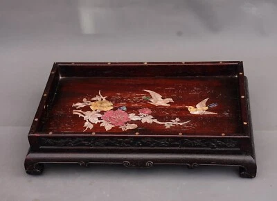 Sándalo morado con incrustaciones de caracoles, flores y pájaros, bandeja de té Foto 1 de 4