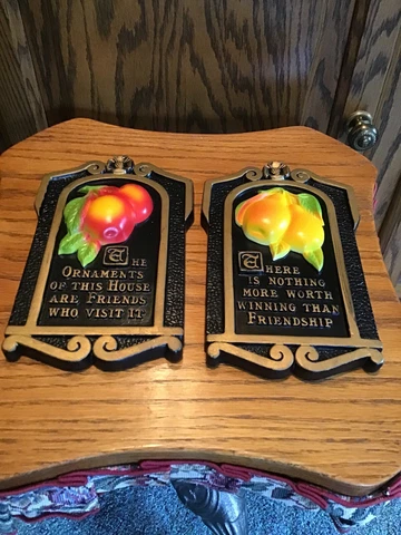 2  PLASTER/ CHALKWARE 1971 KITCHEN WALL HANGINGS Pear & Cherries On Black Miller Cover