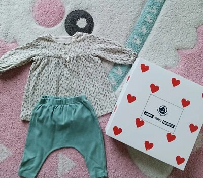 Completo Petit Bateau neonata 3 mesi 60 cm, in cotone vestito e pantaloni verdi  - Imagen 1 de 4