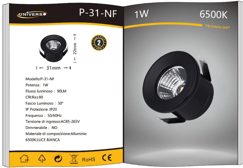 MINI FARETTO LED DA INCASSO PUNTO LUCE 1W 80 LUMEN NERO LUCE FREDDA 6500K - Immagine 1 di 1