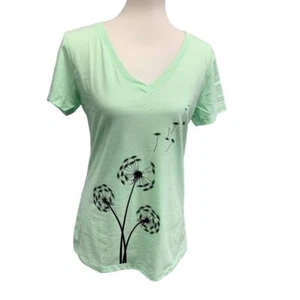 New Hand Printed Dandelion Womens Medium Cotton Blend Short Sleeve VNeck Tee - Picture 1 of 5