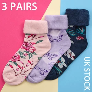 3 Pairs Ladies Floral Bed Socks Brushed Lining Lounge Socks Warm Winter Flowers - Picture 1 of 4