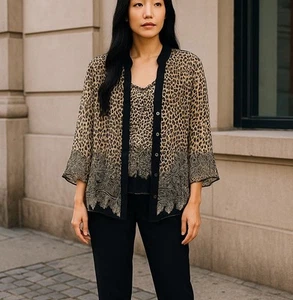 Investments Sheer Medium Blouse Animal Floral Print Button Front W/Tank Top - Picture 1 of 17