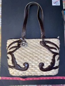 Brighton Leather and Straw Tote Shoulder Handbag 9x14 Butterfly - Picture 1 of 21