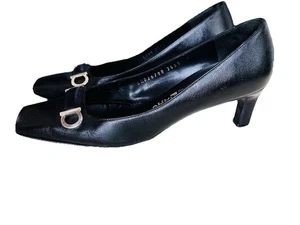 Salvatore Ferragamo schwarz Leder silber Gancini Logo Absatz Schuhe Damen 37/US 7 - Bild 1 von 13