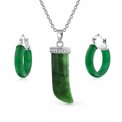 Italian Horn Pendant & Green Jade Hoop Earrings Jewelry Set Sterling Silver - Image 1 of 4