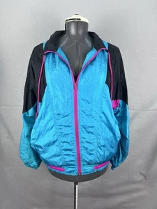 Giacca a vento vintage anni 80 90 BOCOO rosa fluo e turchese nylon pista - Foto 1 di 8
