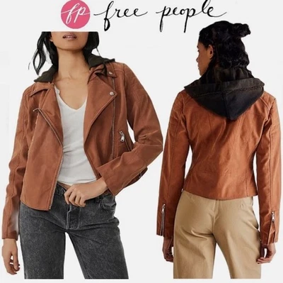 NWT Free People We The Free Harriet Hooded Vegan Leather Moto Jacket Small Box E - Image 1 of 4